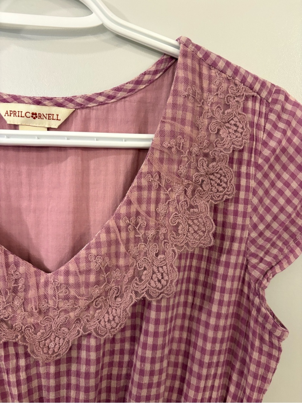 Vintage April Cornell midi dress gingham cotton sweetheart neckline lace detail - Picture 6 of 15